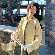 黄色甜美减龄蕾丝拼接圆领夹克上衣女春新款小个子休闲显瘦短外套