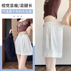 批发丹宁蓝压褶四分牛仔短<b class='q'>裤</b>女2025夏薄弹力松紧后腰明线撞色原色热<b class='q'>裤</b>