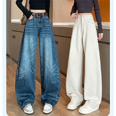 批发复古刺绣高腰阔腿牛仔天丝棉女2026春夏新款美式设计感宽松拖地裤