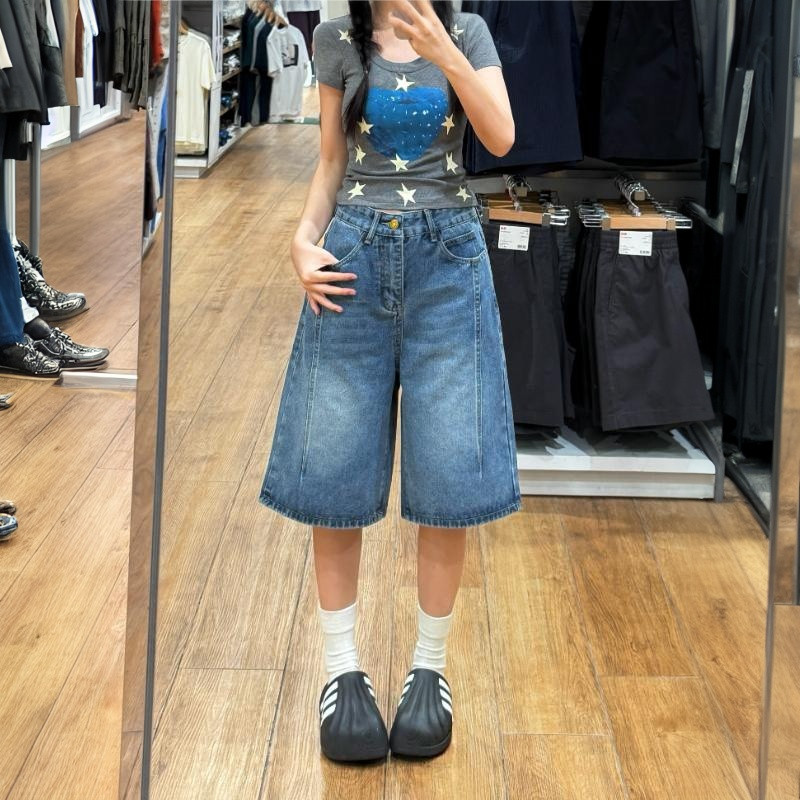 复古蓝五分牛仔短裤女夏季新款薄款高腰显瘦休闲A字阔腿中裤  服裝批發女裝批發服飾貨源