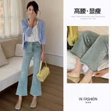 批发小个子卡其微喇<b class='q'>牛仔裤</b>女士高腰柔软百搭弹力毛边修身<b class='q'>九分</b>喇叭裤