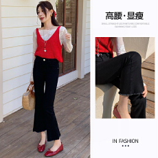 批发小个子黑色毛边微喇<b class='q'>牛仔裤</b>女高腰弹力遮胯显瘦做旧<b class='q'>九分</b>喇叭裤子