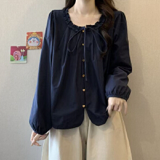 批发大码设计感木耳边长袖衬衫女<b class='q'>春秋</b>季新款胖mm宽松显瘦遮肉外穿上衣