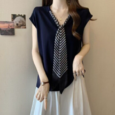 批发<b class='q'>大码</b>休闲慵懒风V领领带短袖t恤女夏季新款胖mm宽松显瘦<b class='q'>时尚</b>上衣女