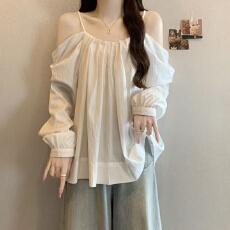 批发<b class='q'>大码</b>抽绳吊带一字肩长袖衬衫女秋季新款胖mm<b class='q'>时尚</b>气质减龄百搭上衣