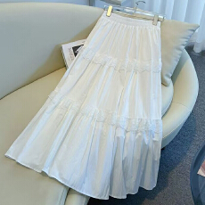 批发白色蓬蓬蛋糕裙女夏季高腰显瘦垂感蕾丝边大摆裙中长款a字<b class='q'>半身裙</b>