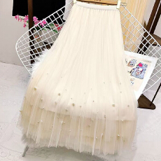 批发重工钉珠网纱裙<b class='q'>半身裙</b>女气质仙女百褶裙中长a字裙