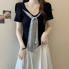 批发大码条纹领带海军领<b class='q'>短袖</b>t恤女夏季2026新款宽松显瘦遮肚时尚上衣