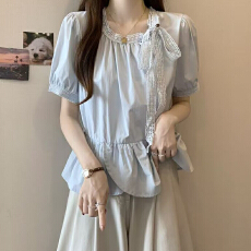 批发大码女装甜美蝴蝶结系带泡泡袖圆领<b class='q'>衬衫</b>女夏季宽松显瘦洋气上衣