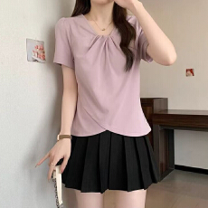 批发大码设计感不规则v领短袖t恤女夏季新款遮肉<b class='q'>胖</b>mm<b class='q'>显瘦</b>小众别致上衣