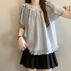 批发大码法式蝴蝶结<b class='q'>雪纺</b>短袖<b class='q'>衬衫</b>女夏季2026新款胖mm宽松显瘦遮肉上衣