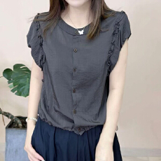 批发夏季新款木耳花边中老年衬衫休闲洋气小衫<b class='q'>妈妈</b>装<b class='q'>百</b>搭遮肉纯色上衣