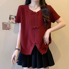 批发2-300斤特大码新中式短袖t恤女夏季新款设计感不规则百搭减龄上衣