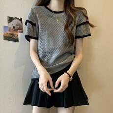 批发夏季上衣拼色短袖镂空针织衫纯色短袖新款镂空百搭上衣显瘦遮肉