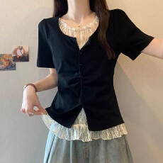 批发<b class='q'>大码</b>气质蕾丝甜美短袖T恤女夏季休闲高级感体恤胖MM遮肉显瘦上衣