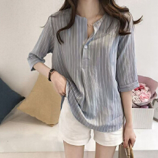 批发夏季新款韩版时尚大码外穿条纹衬衫女洋气上衣宽松休闲衬衣