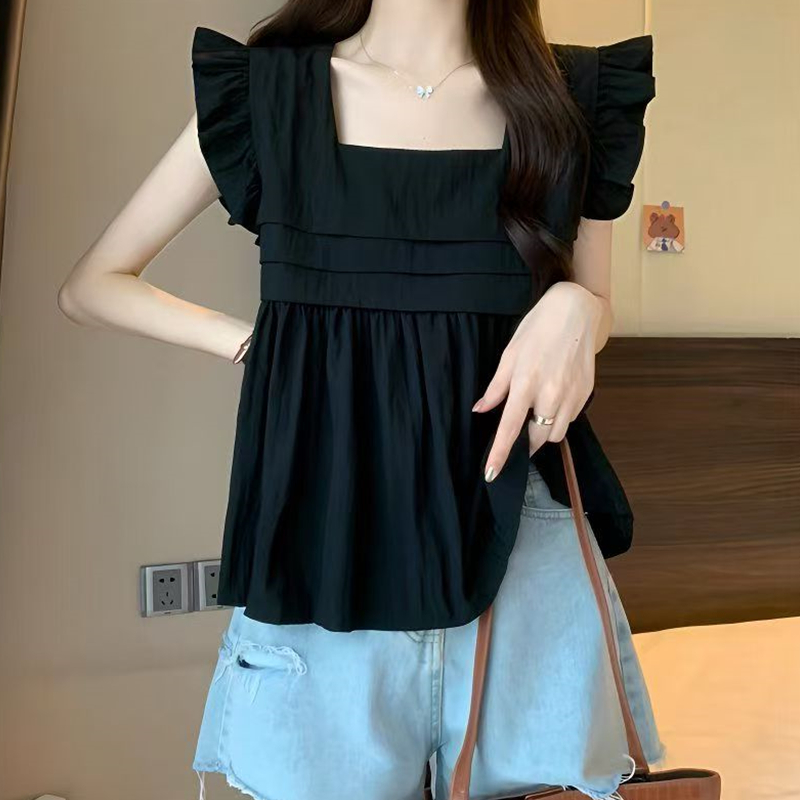 프랑스식 광장 칼라 민소매 셔츠 새로운 여름 레트로 디자인 센스 인사이드 가져 가라. 디스플레이 얇고 작은 쇼트 스타일 인형 날다 소매 맨위