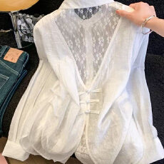 批发新中式设计感独特漂亮防晒衬衫女夏薄款外搭蕾丝拼接露背衬衣外套
