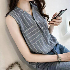 批发无袖雪纺衫女夏季2026新款设计感V领条纹心机上衣洋气背心<b class='q'>衬衫</b>潮