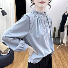 批发打底长袖上衣韩系秋<b class='q'>冬</b>大码女士显瘦立领褶皱拼接休闲外穿套头T恤