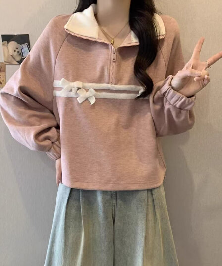 핑크색 하프 지퍼 POLO 칼라 후드티 여성 봄 가을 2026 빅 사이즈 지방 mm 프랑스식 나비 매듭 쇼트 스타일 만나는 맨위