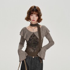 批发Girlyhalo美式复古印花大<b class='q'>翻领</b>长袖<b class='q'>t</b><b class='q'>恤</b>女秋新款辣妹设计感修身上衣