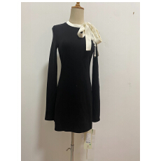 批发OAKMOO/莱赛尔蕾丝蝴蝶结黑色长袖修身打底<b class='q'>连衣裙</b>秋冬季内搭裙子