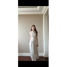 誉芝yuzhi 米色印花乔其纱连衣裙夏季新款高腰显瘦垂坠感飘逸长裙