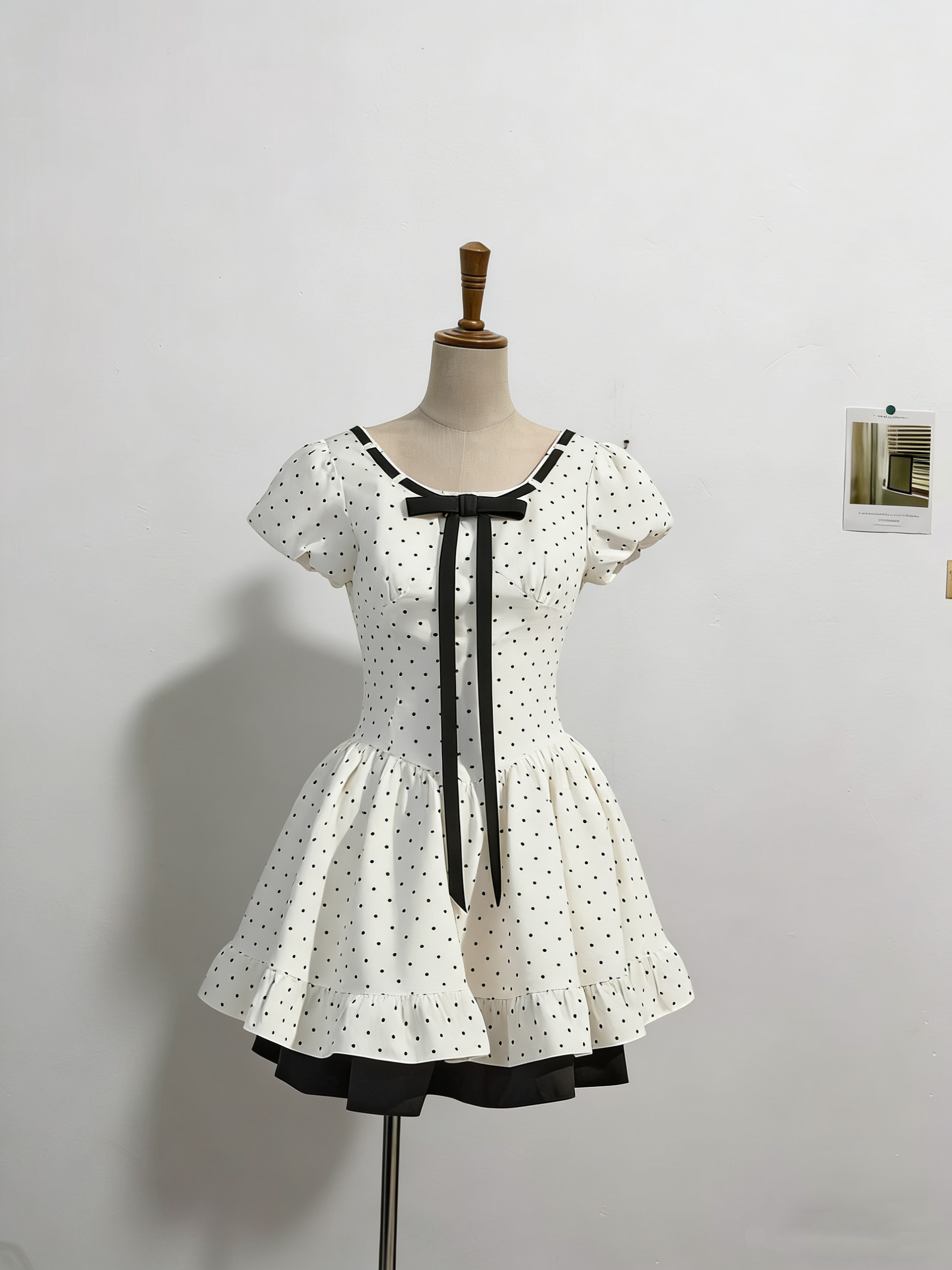 tipsymattina 마이크로 이른 아침 26 여름 달콤한 스타일 작은 키 패션 중간 길이 광장 칼라 도트 무늬 드레스