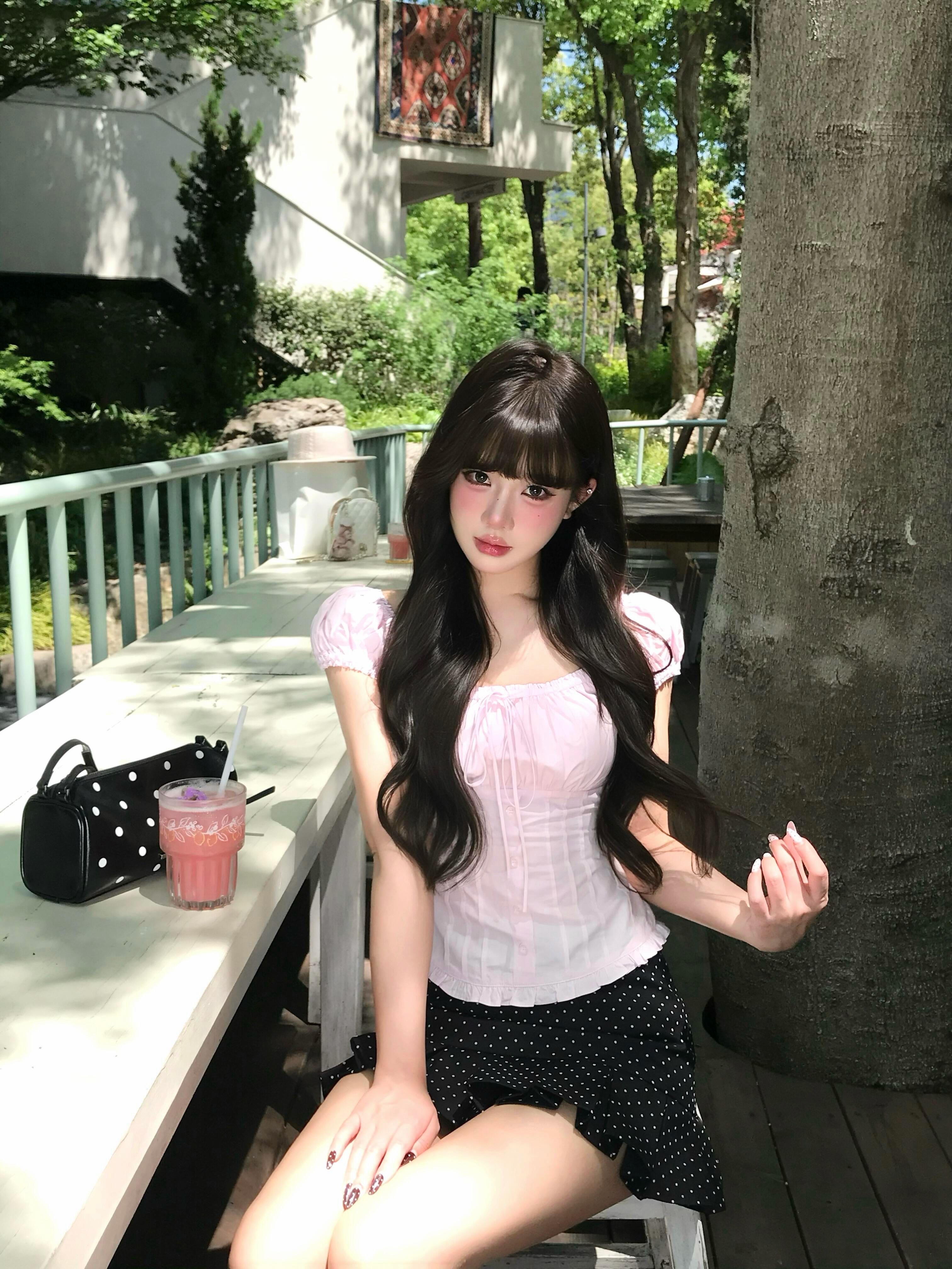 한 부서 달콤한 자매 핑크색 광장 칼라 맨위 도트 무늬 반신 스커트 두 조각 여성 세트 여름 작은 키 연령 감소 세트