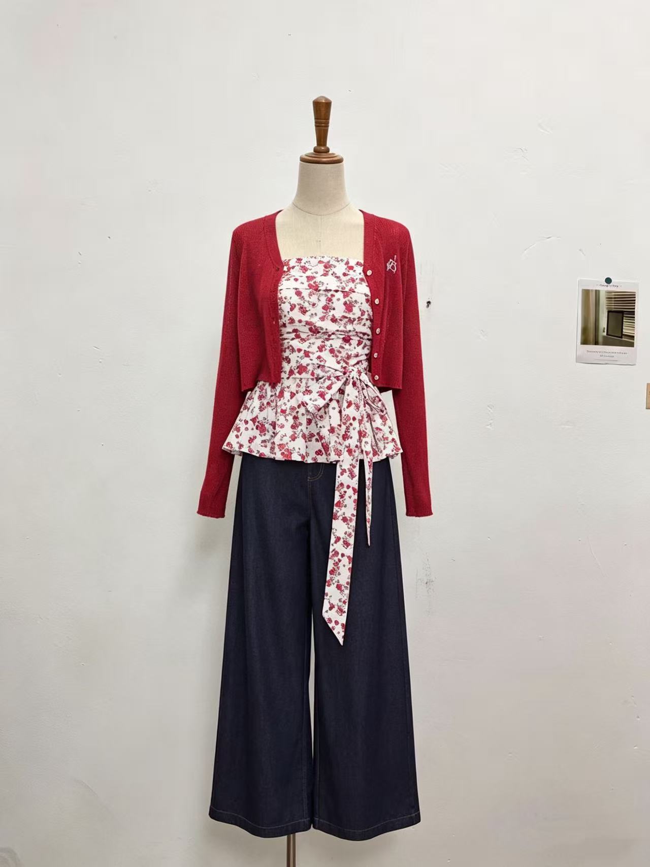 4.3 신제품 westayone 니트 자외선 차단 오픈 가디건 꽃무늬 슬립 드레스 맨위 모방 데님 와이드 레그 팬츠