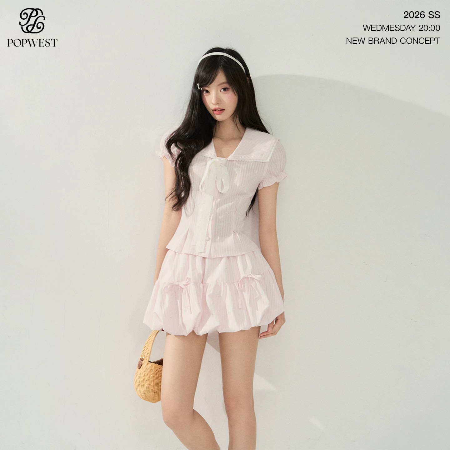 popwest 달콤함 나비 매듭 폴로 칼라 핑크색 허리 수축 맨위 반 스커트 퍼프 스커트 여름 해군 칼라 세트