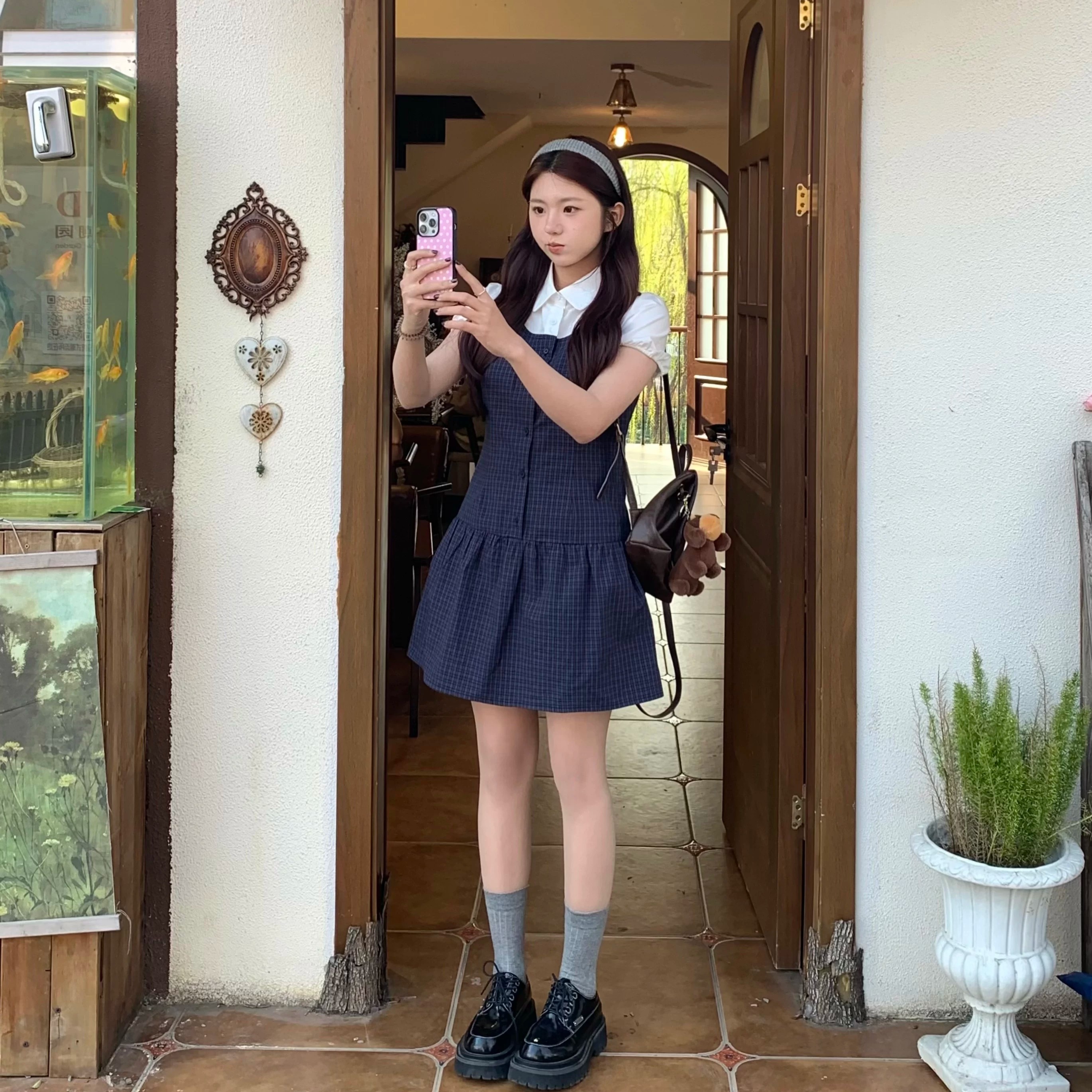 하나 웨스트 작성자 xiyo 면 100% 체크무늬 패치워크 베이비 칼라 페이크 레이어드 셔츠 여성 드레스 여름 달콤함 학원 스타일