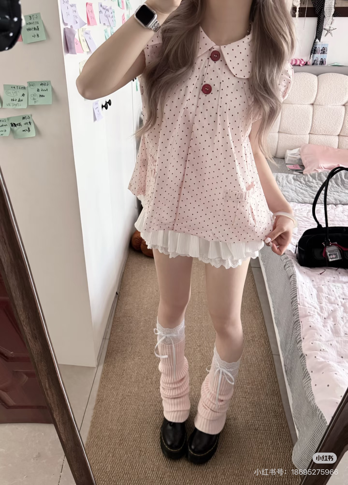 핑크색 베이비 칼라 도트 무늬 셔츠