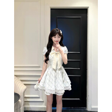 批发桔梗house 浅蓝蝶梦清新格纹短裙子<b class='q'>泡泡袖</b>翻领双层蕾丝下摆<b class='q'>连衣裙</b>