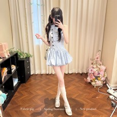 批发织物猪 冰蓝奶絮 韩系甜美蓝色格纹<b class='q'>无袖</b>连衣<b class='q'>裙</b>女夏气质花苞短<b class='q'>裙</b>