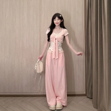 批发桔梗house 白雾清欢 甜美少女感短袖外搭<b class='q'>碎花</b>吊带粉格长裤套装