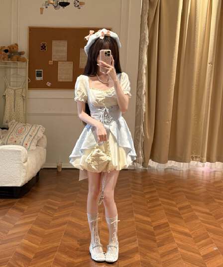 직물 돼지 바다 소금 코코넛 코코넛 부드러운 부서 광장 칼라 거품 소매 패치워크 여성 드레스 여름 자카드 허리 수축 미니 스커트