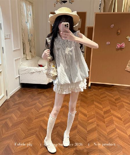 바닐라 버블 직물 돼지 오리지널 신선함 달콤한 자매 여름 민소매 베이비 칼라 스트라이프 맨위 프릴 미니 스커트