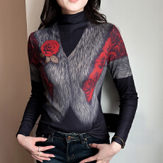 批发2025年秋冬新款<b class='q'>时尚</b>印花上衣半高领百搭修身长袖气质加厚内搭小衫