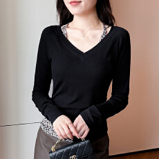 批发时尚挂脖豹纹拼接T恤女2025年秋冬新款系带假两件设计感内搭长袖