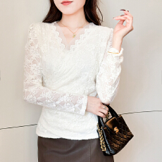 批发<b class='q'>性感</b>V领<b class='q'>蕾丝</b>长袖T恤女2026年春季新款纯色百搭上衣时尚洋气小衫潮