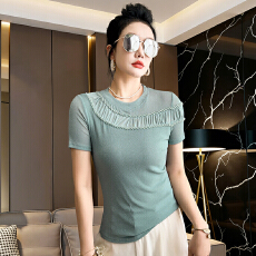 批发圆领钉珠短袖微透修身T恤女2026年夏季新款简约<b class='q'>时尚</b>镂空<b class='q'>打底衫</b>潮