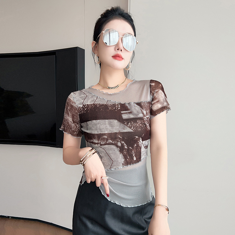 夏季新款网纱印花短袖T恤女修身显瘦洋气时尚百搭上衣小衫 服裝批發女裝批發服飾貨源
