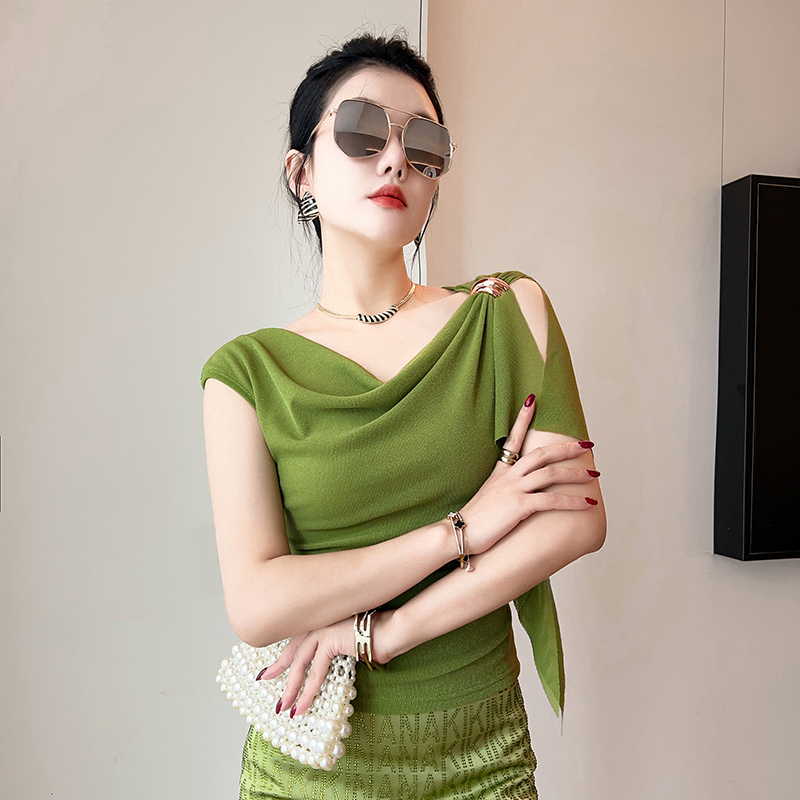 夏季新款堆堆领露肩短袖T恤女亲肤网纱时尚百搭设计感上衣 服裝批發女裝批發服飾貨源