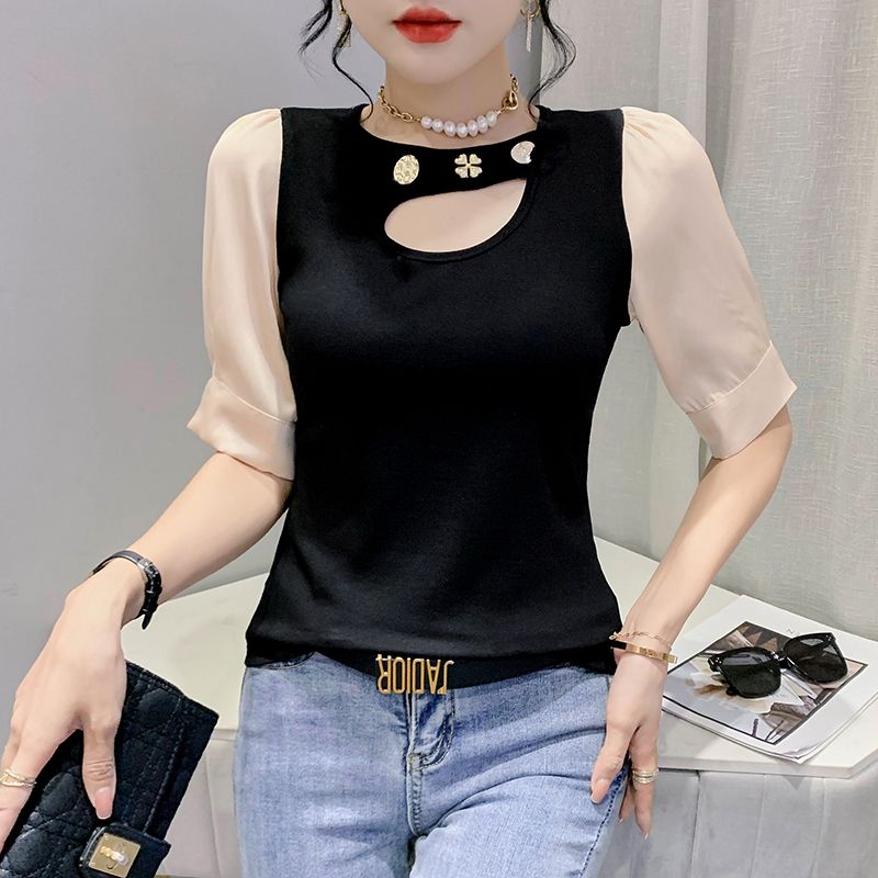 欧洲站领口设计感纽扣T恤女春季新款短袖拼接修身小心机上衣 服裝批發女裝批發服飾貨源