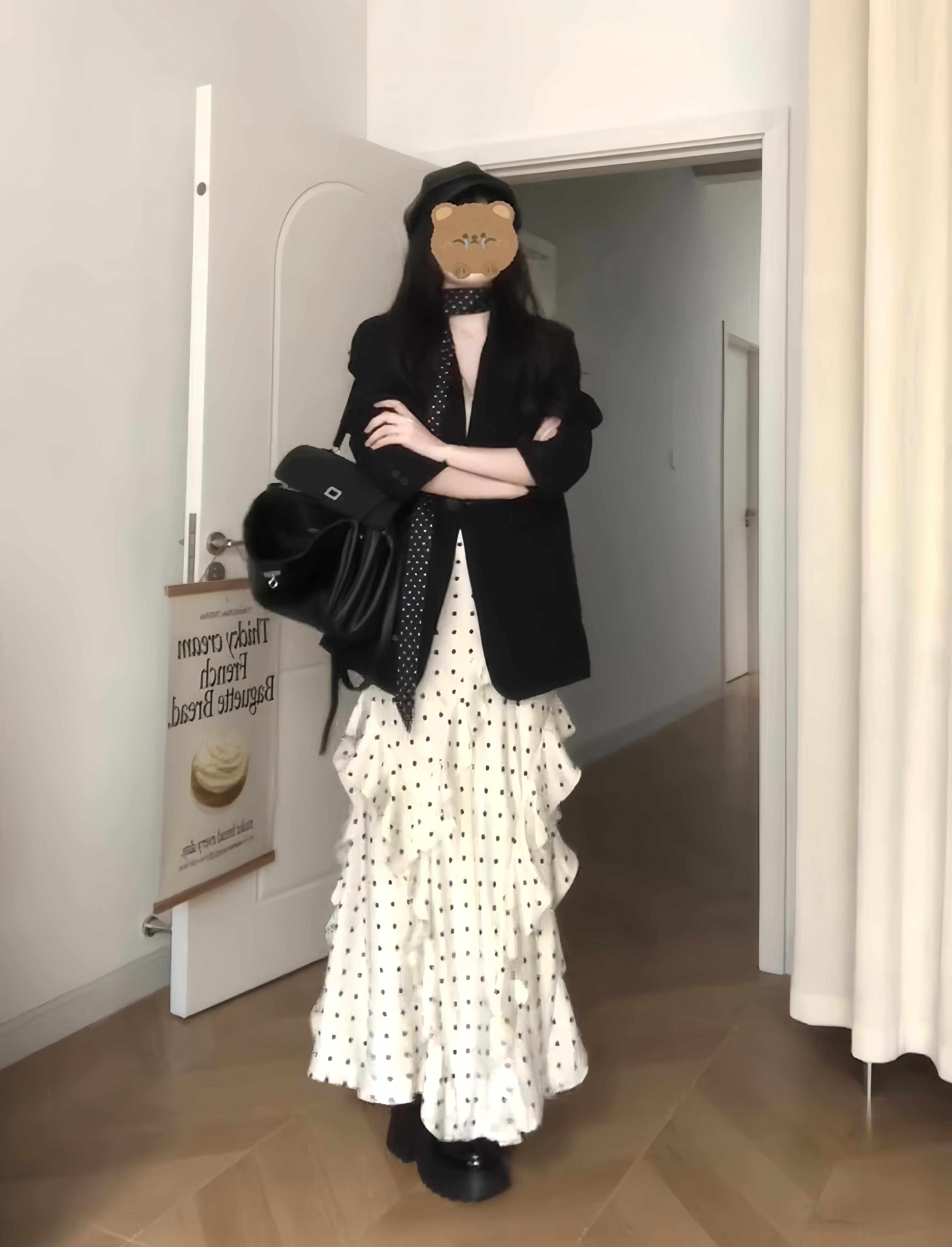 2026 이른 봄 새로운 캐주얼 고급 센스 검정색 정장 여성 코트 도트 무늬 프릴 드레스 투피스 세트