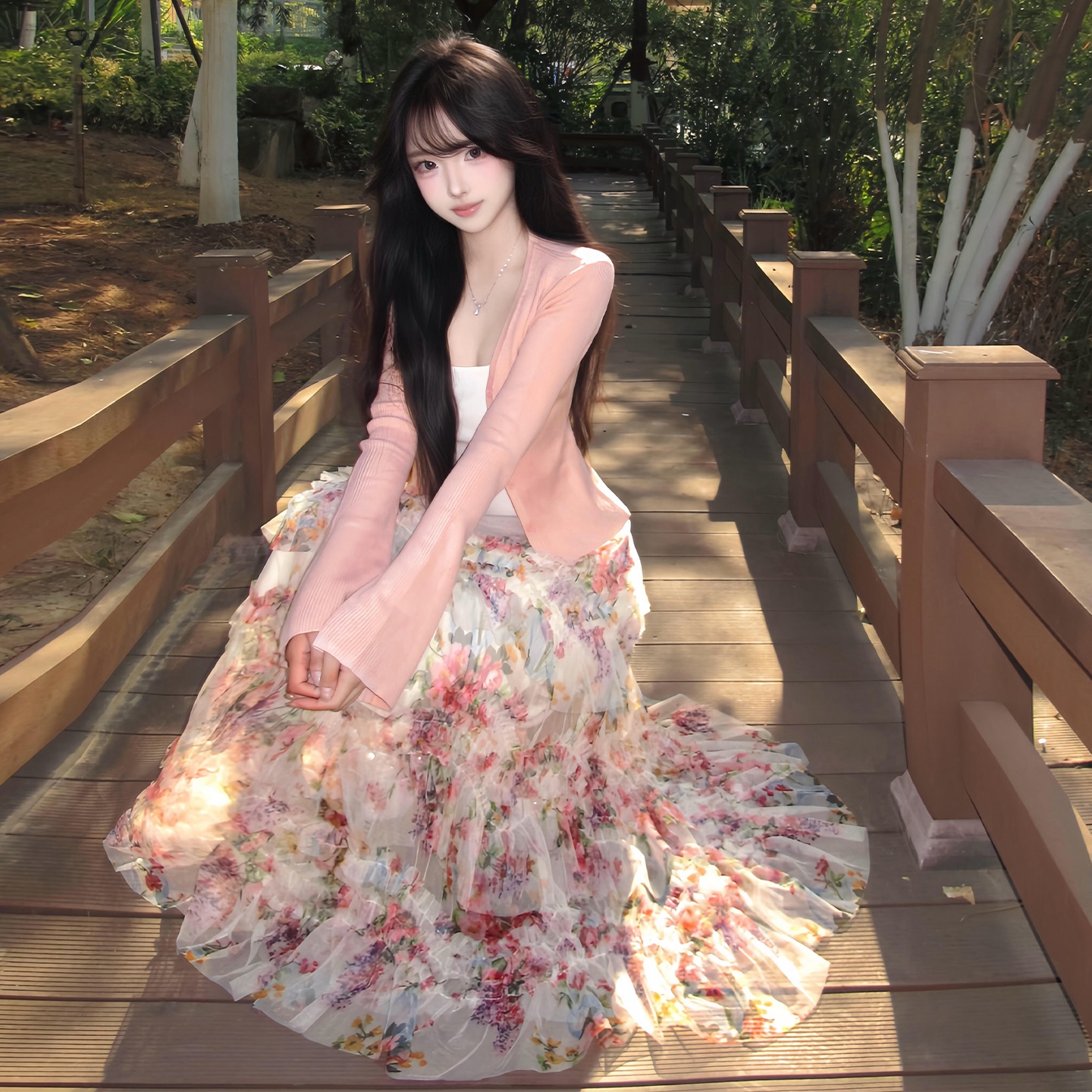 프랑스식 핑크색 꽃무늬 드레스 아이들 이른 봄 2026 슈퍼 화재 착용 가져 가라. 에이즈 환자 세트 니트 오픈 가디건 반신 스커트