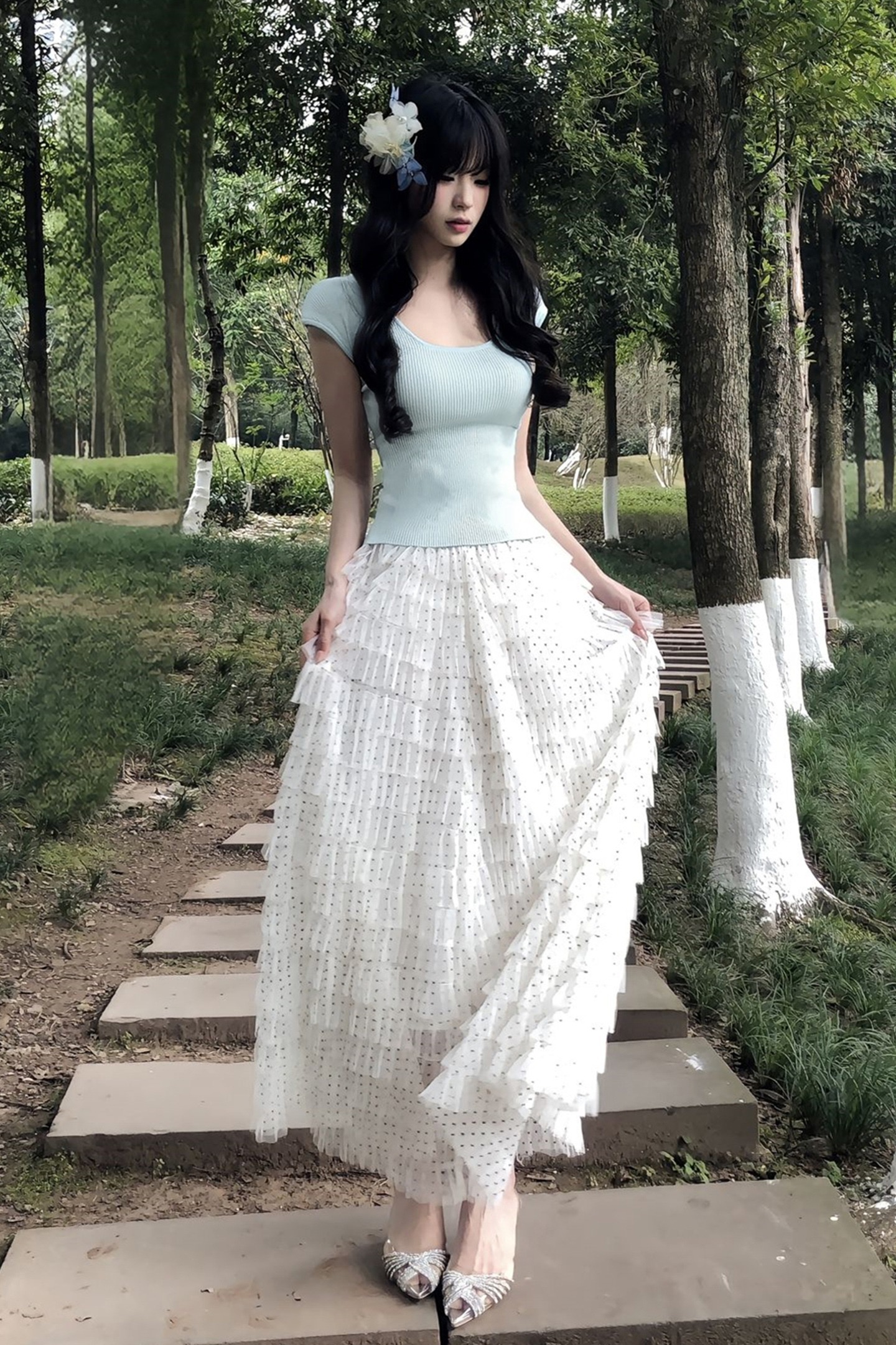 2026 새로운 레이스 도트 무늬 케이크 치마 세트 봄 여름 투피스 세트 롱 스커트 작은 대중 튀김 거리 고급 센스 여성