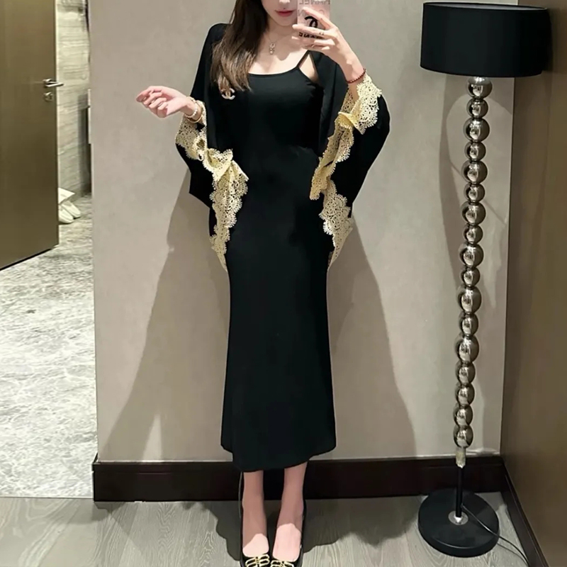 FA36877# 纯欲辣妹性感套装女春秋季蕾丝拼接坎肩外套包臀吊带连衣裙两件套 服裝批發女裝批發服飾貨源